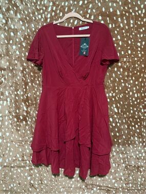 Flutter Sleeve Wrap Midi Dress in Deep Red